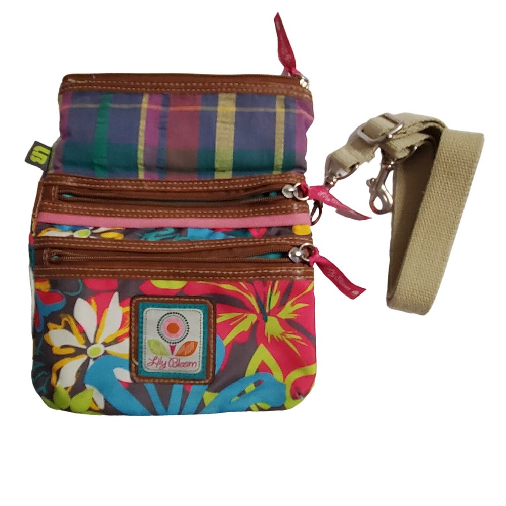 Lily Bloom Crossover Shoulder Bag Pouch Foldover Floral Plaid Fabric
